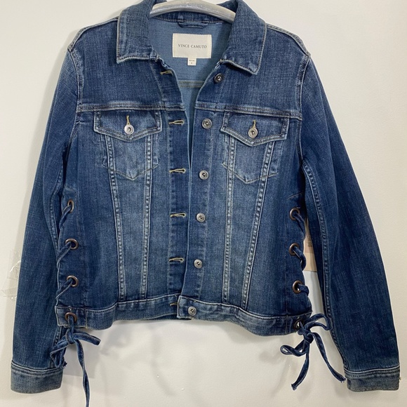 Women's Blue Laced-side Denim Trucker Jacket - Picture 4 of 6
